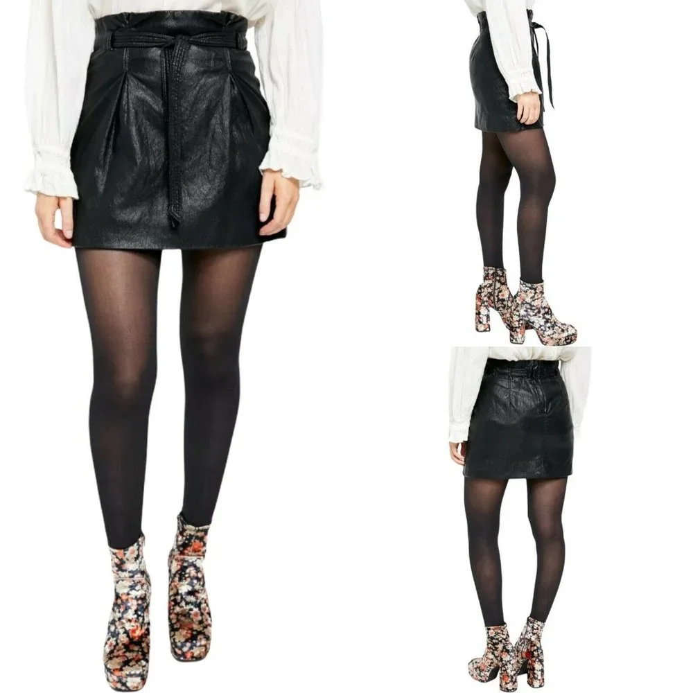 Free People Payton Paperbag Black Faux Leather Tie Waist Mini Skirt - Picture 1 of 11